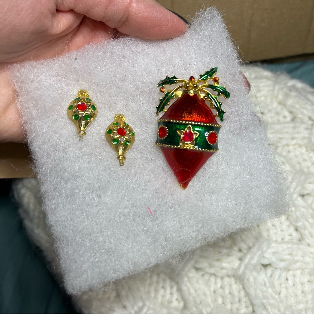 Festive Red and Green Holiday Brooch and Earring Set